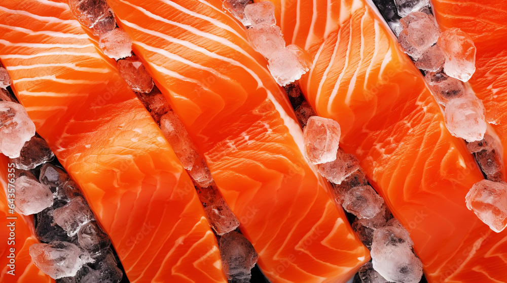 Fresh salmon fillet on ice. Red tasty fish meat. Seafood background. Generative AI