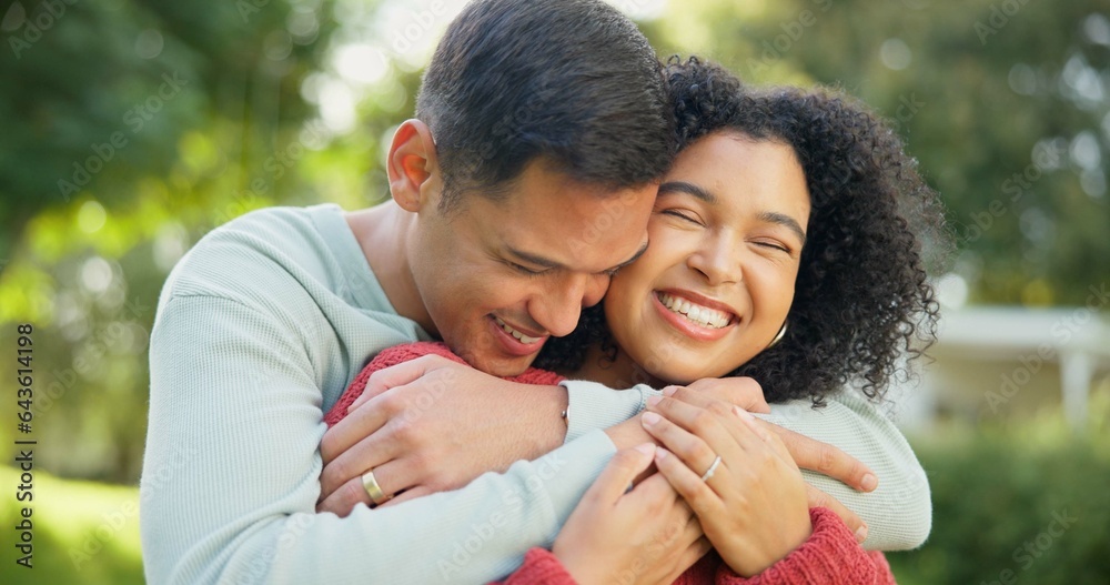 Love, smile and a married couple hugging in the garden of their home together for romance during sum