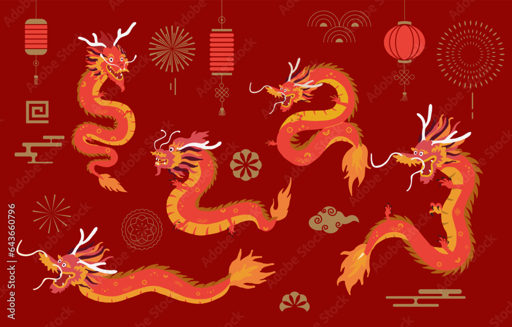 Gold red Chinese New Year object with dragon,cloud.Editable vector illustration for website, invitat