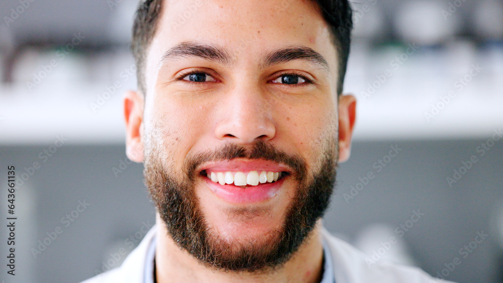 Doctor, phd scientist and medical pathologist smiling and laughing in a lab. Face of a happy and pro