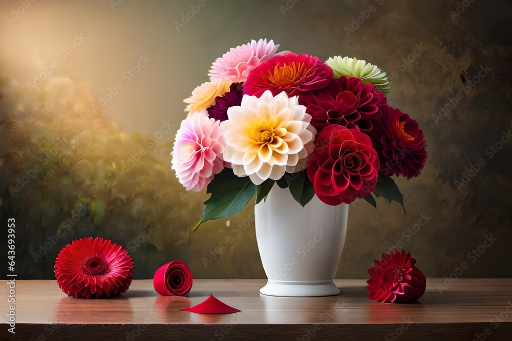 Bouquet of roses and dahlias with white background