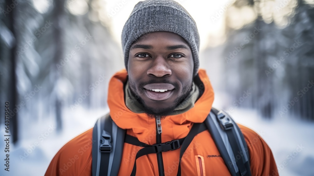 Winter hiker or cross country skier, African American man in warm clothes with snow covered landscap