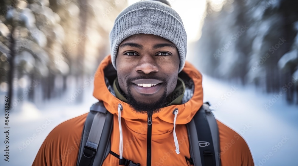 Winter hiker or cross country skier, African American man in warm clothes with snow covered landscap