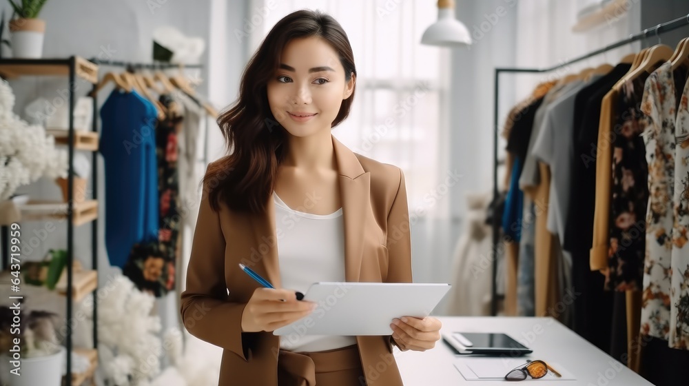 Portrait of Asian Designer stylish standing and working at fashion studio.