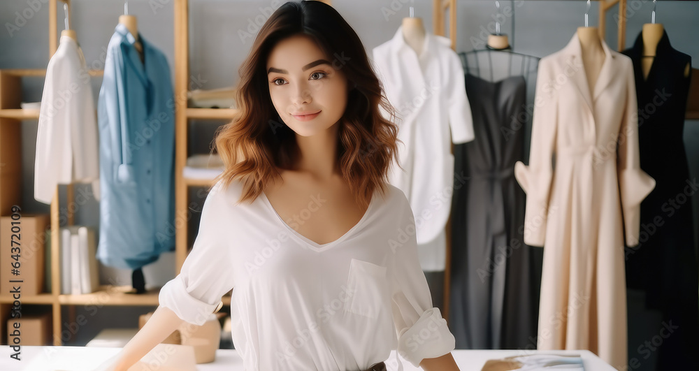 Female stylist Successful Fashion Business, Beautiful Asian young woman in office of fashion designe