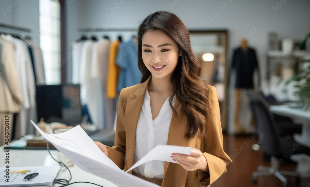 Young Asian woman entrepreneur, Fashion designer or tailor working in studio.