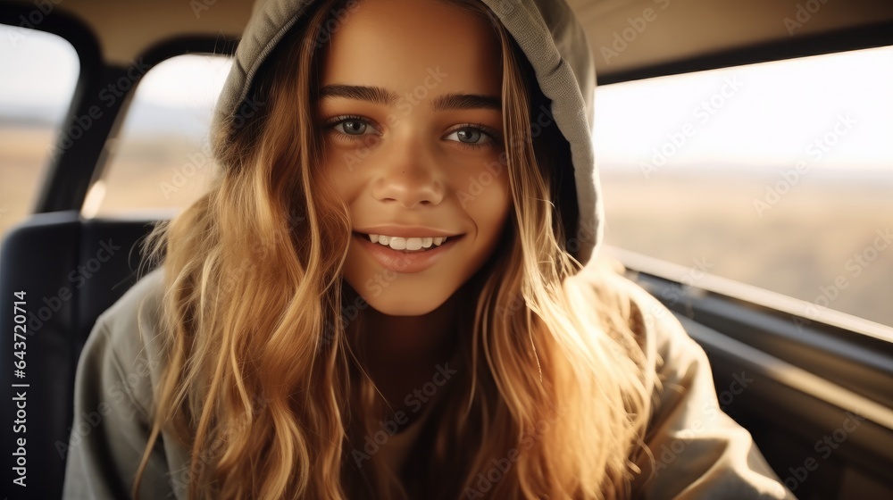 Smiling woman in a car, Enjoying comfort trip.