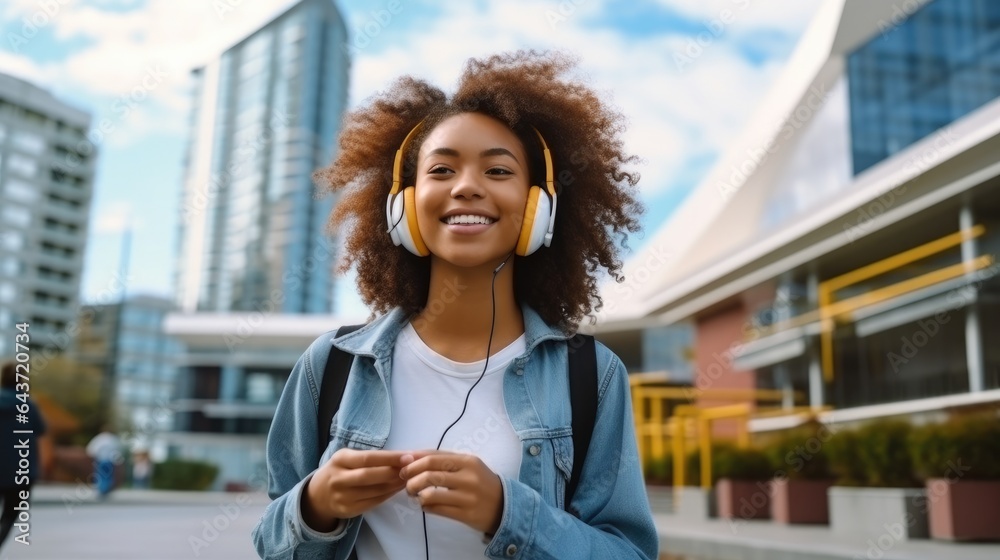 Black student girl wearing headset and using mobile smartphone while walking at college building out