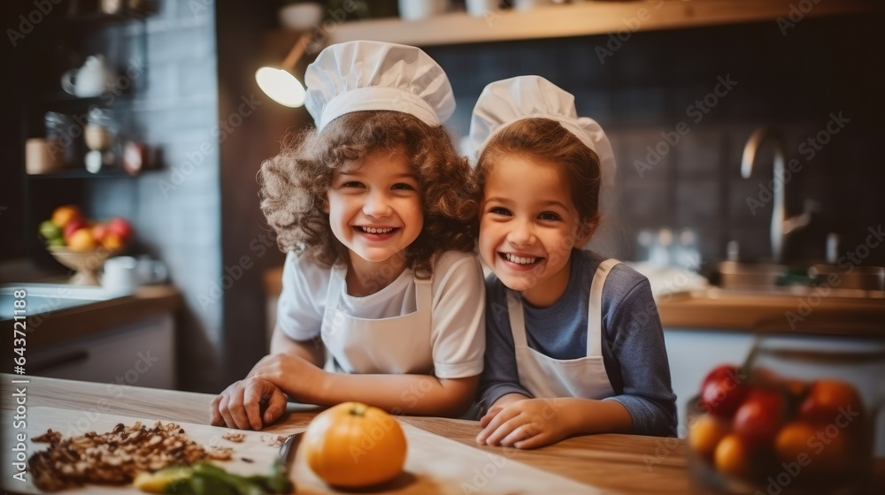 Two child girl are cooking breakfast together, Fun in the kitchen.