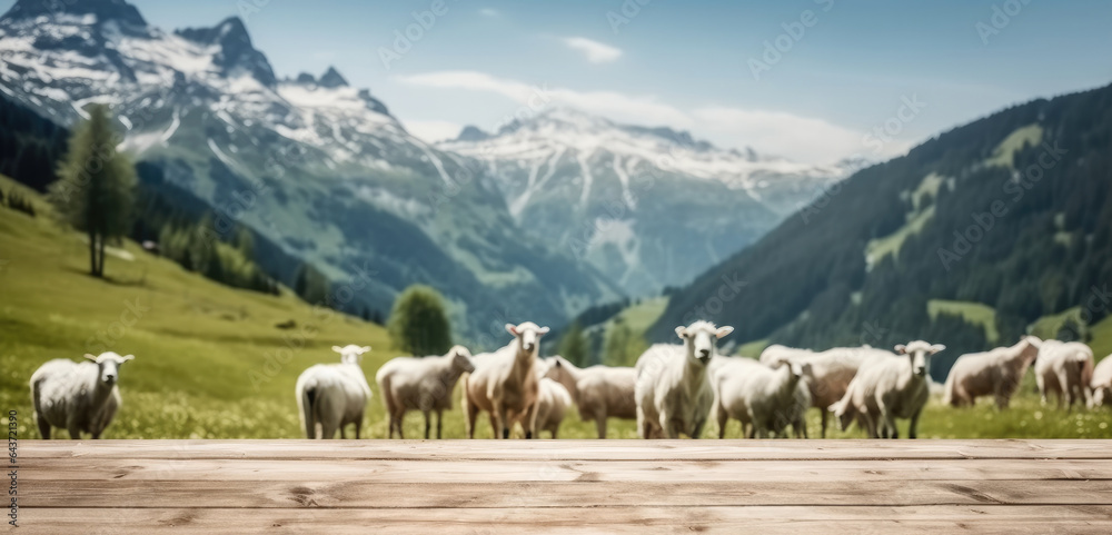 The empty wooden table top with blurred goats herd grazing on field meadow and mountain background.