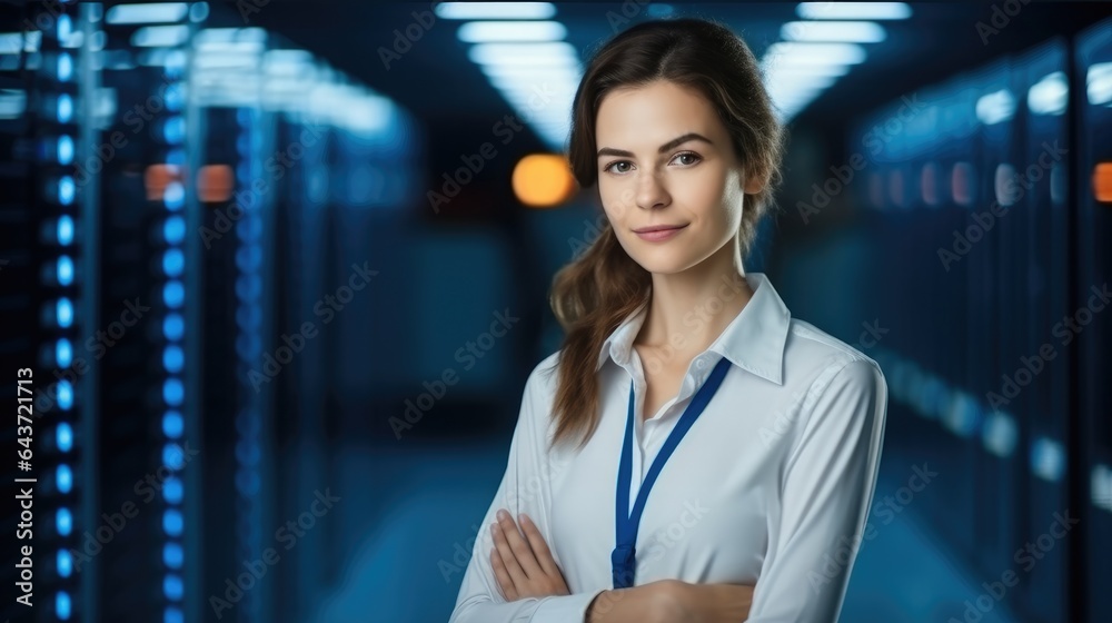 Female IT Specialist is standing in data center near server racks.