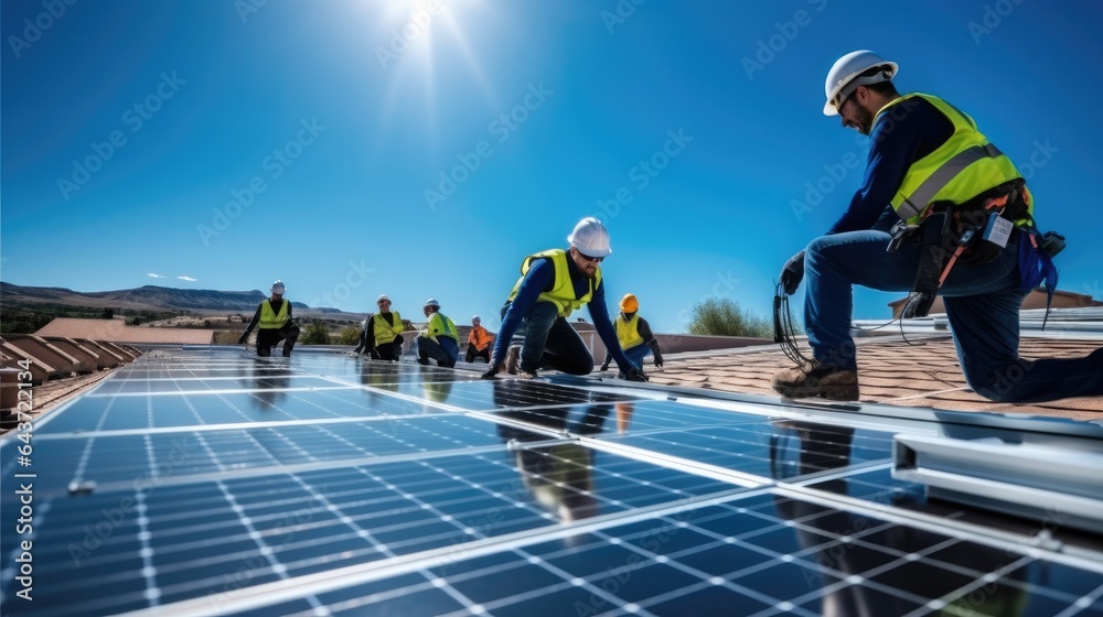 Group of workers are installing solar photovoltaic panels on roof of building, Sustainable energy jo