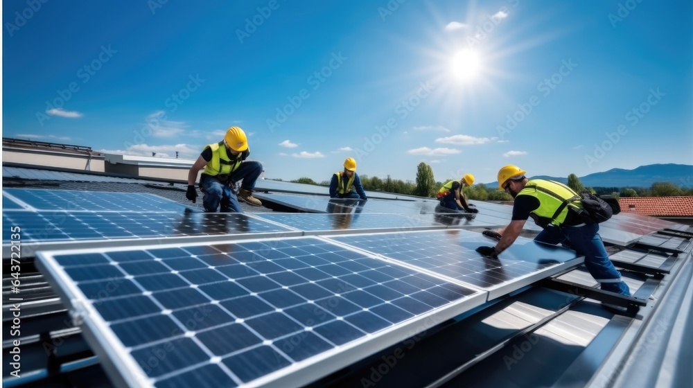 Group of workers are installing solar photovoltaic panels on roof of building, Sustainable energy jo