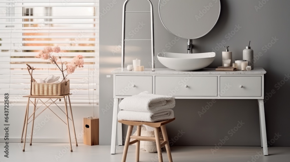 Bathroom and wash basin with shelving unit, Modern bathroom.