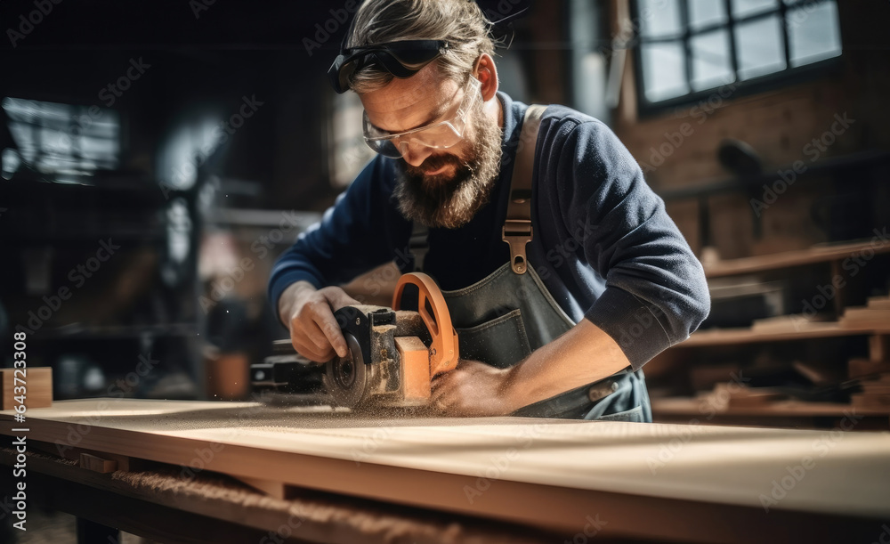 Man carpenter using circular saw while working on a piece of wood in home workshop.