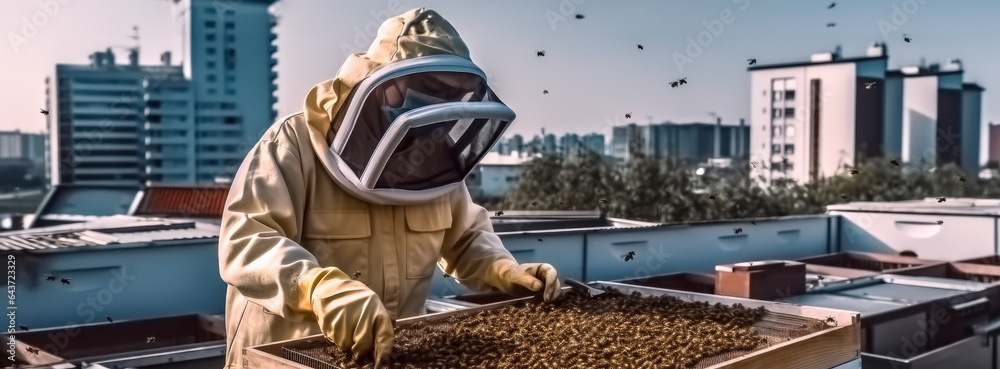 Man in protective beekeeper suit are working at beehives, Beekeeping in large towns concept.