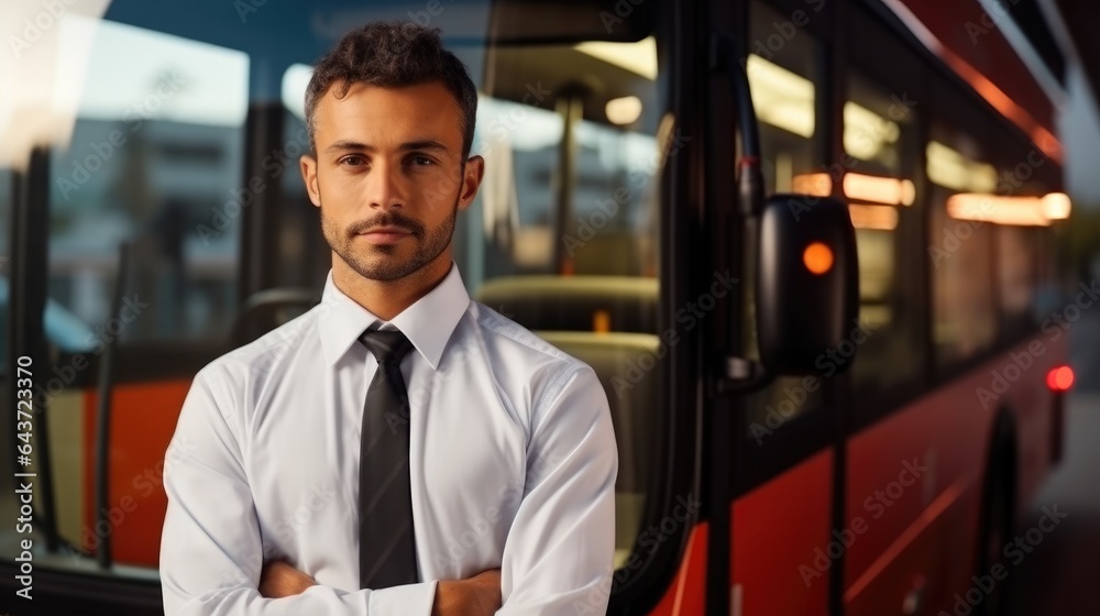 Man standing in front of a bus, Public transport driver occupation.