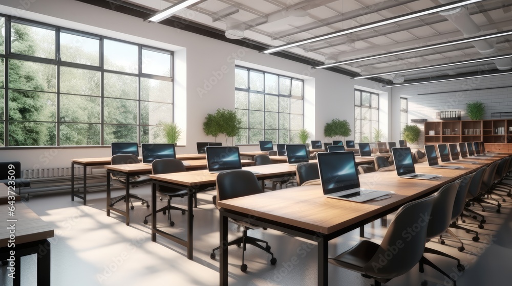 Interior of modern classroom with laptop computers.