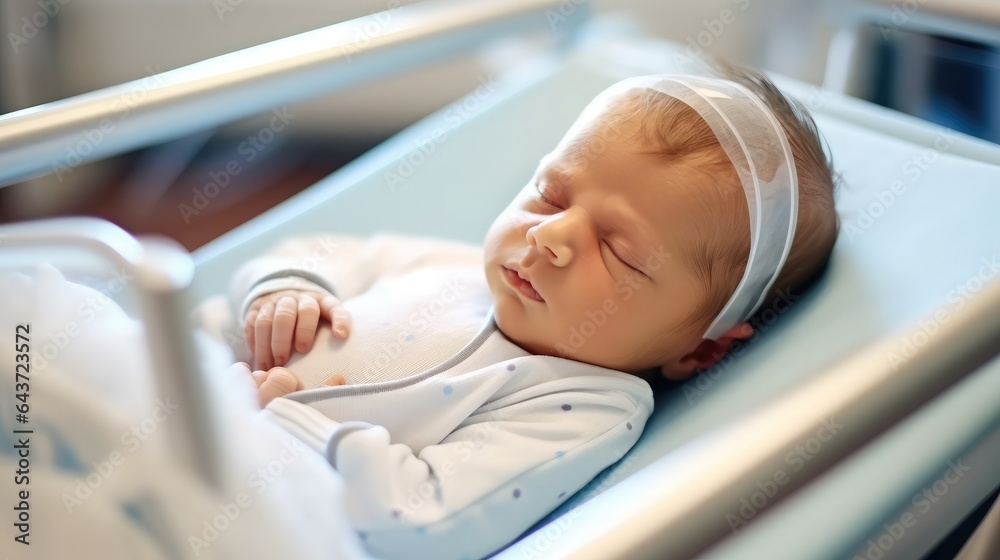 Newborn baby sleeping in crib in hospital.