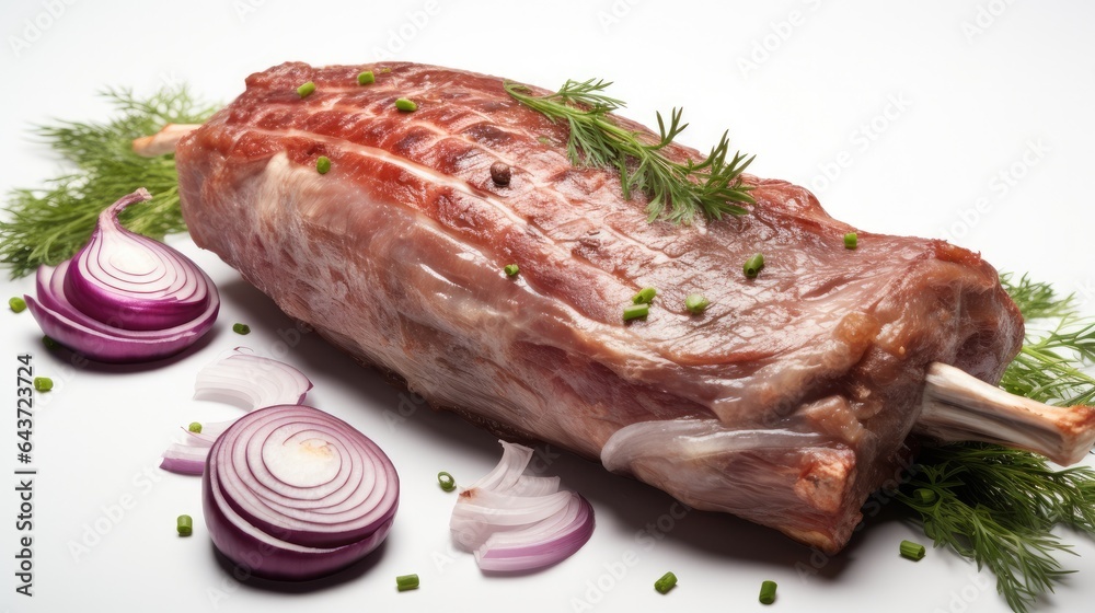 Premium goat leg with onions isolated on white Background.