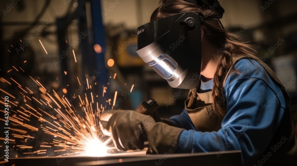 Female welder, Woman in welding helmet working on piece of metal in workshop with sparks flying arou