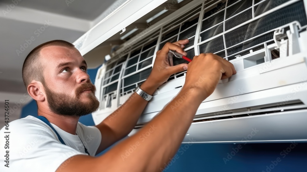 Technician working on air conditioning indoor unit, Repairing air conditioner.