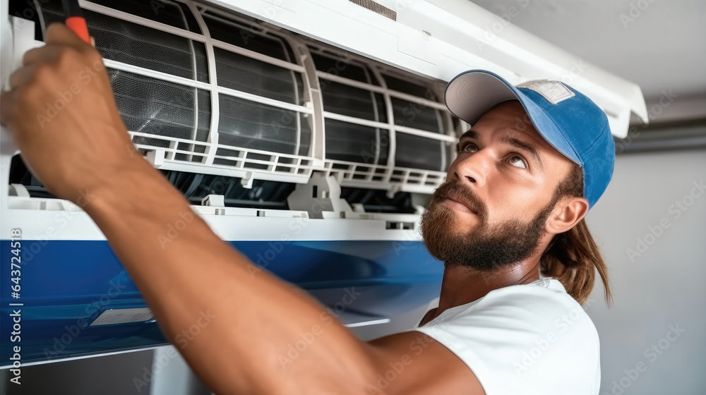 Technician repairing air conditioner on the wall at home.