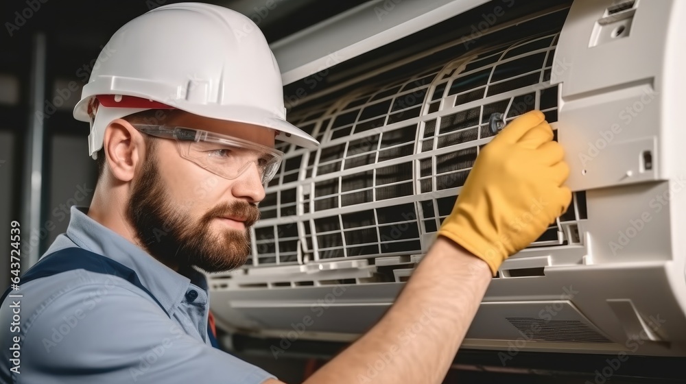 Technician repairing air conditioner on the wall at home.