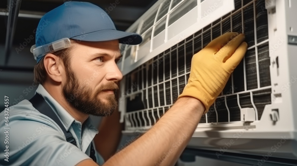 Air conditioner repairmen work on home unit.