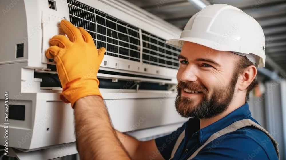 A hired worker repairman cleans and repairs the air conditioner.