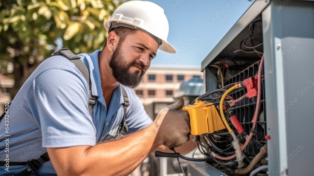 Air conditioner workers service outside unit at home.