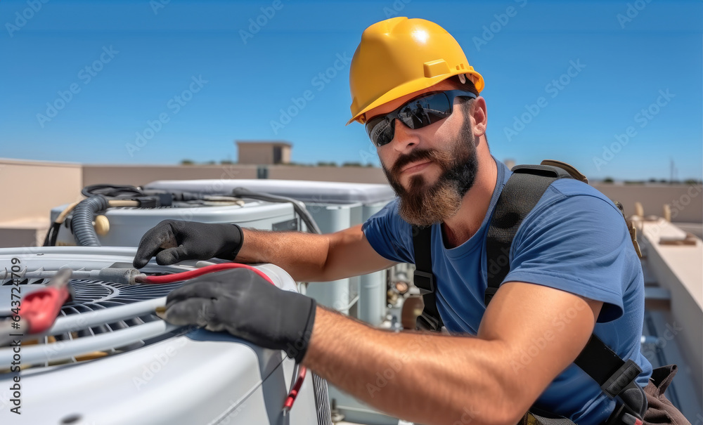 Technician working on air conditioning outdoor unit, Repairing air conditioner.