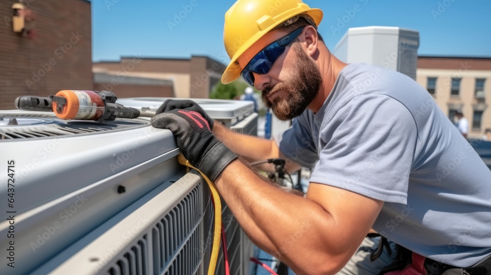 Technician working on air conditioning outdoor unit, Repairing air conditioner.