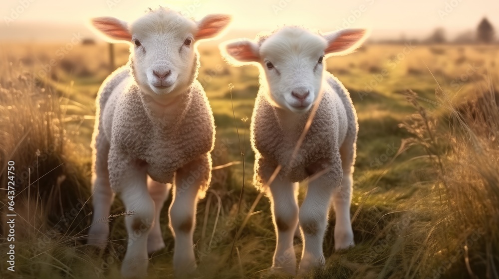 Two young lamb sheep on spring meadow.