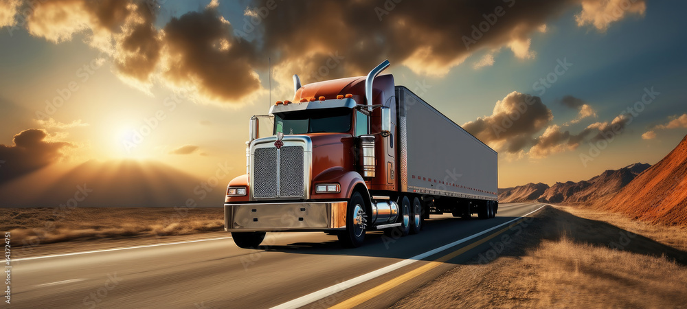 Semi-truck speeding on the highway at sunset.