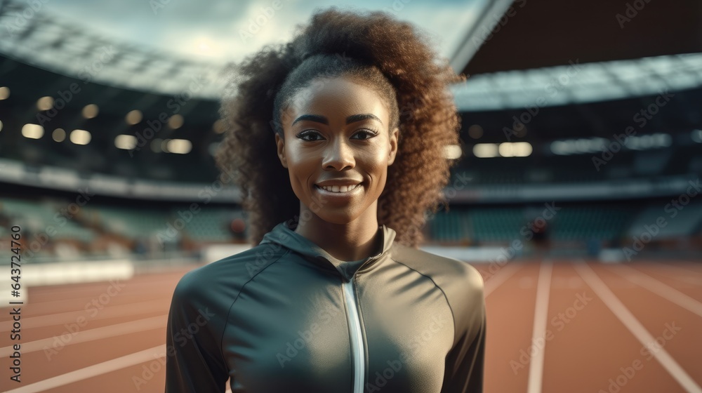 Young African American women in sport shirt are standing on track athletics stadium.