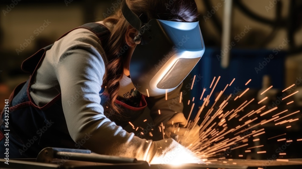 Young woman welding in workshop.