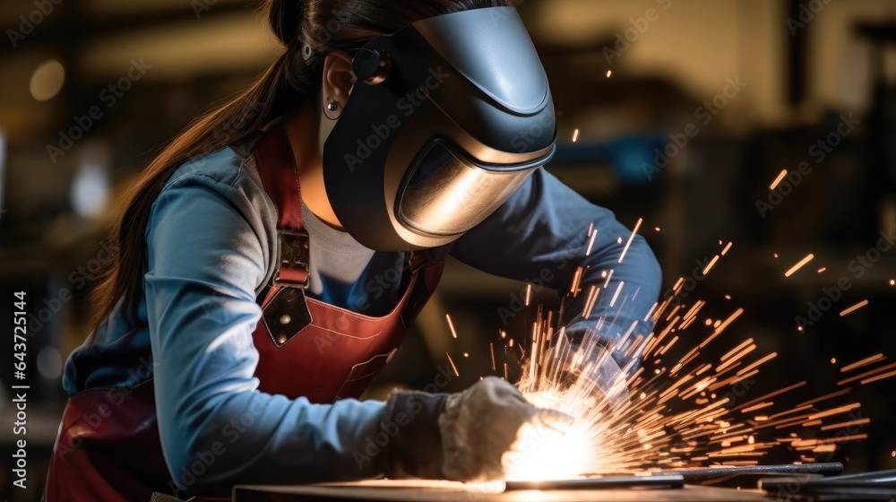 Young woman welding in workshop.