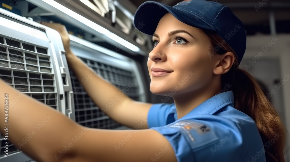 Technician woman repairing air conditioner on the wall at home.