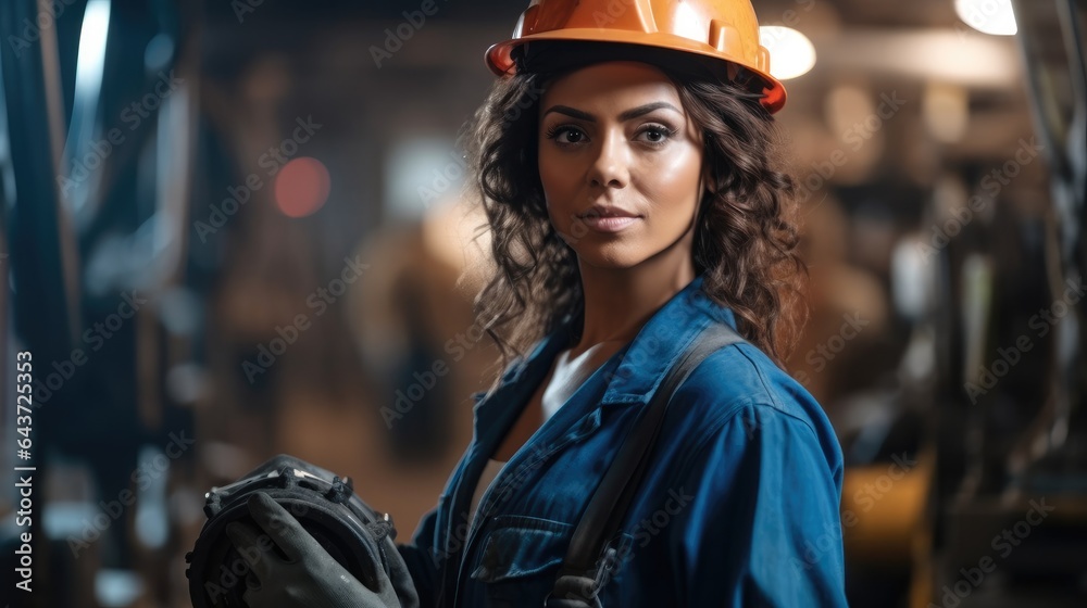 Woman worker working in a factory with heavy machinery around.