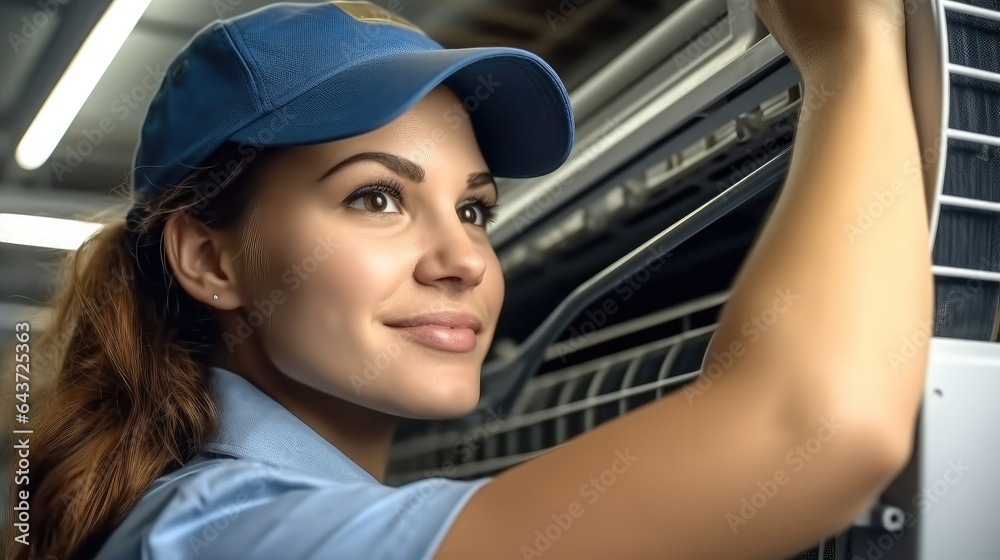 Technician woman repairing air conditioner on the wall at home.