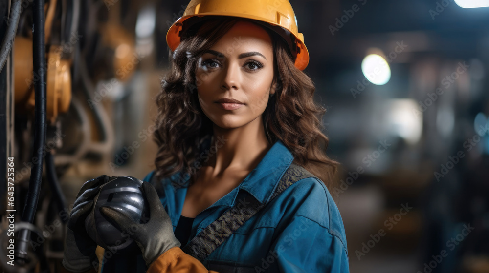 Woman worker working in a factory with heavy machinery around.