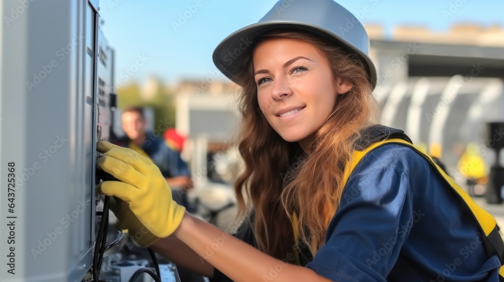 Technician woman service outside unit at home, Repairing air conditioner.