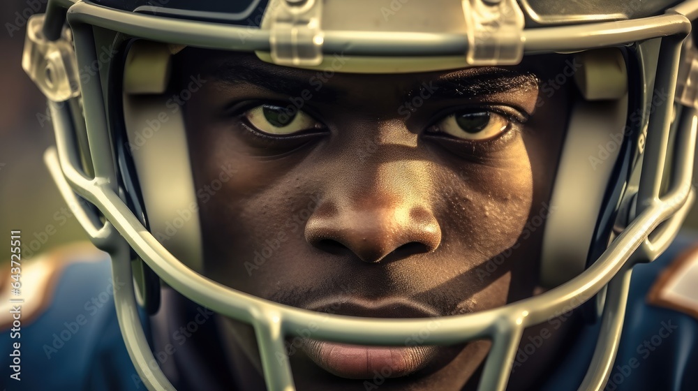 Portrait of young black African man in rugby helmet, American football player.