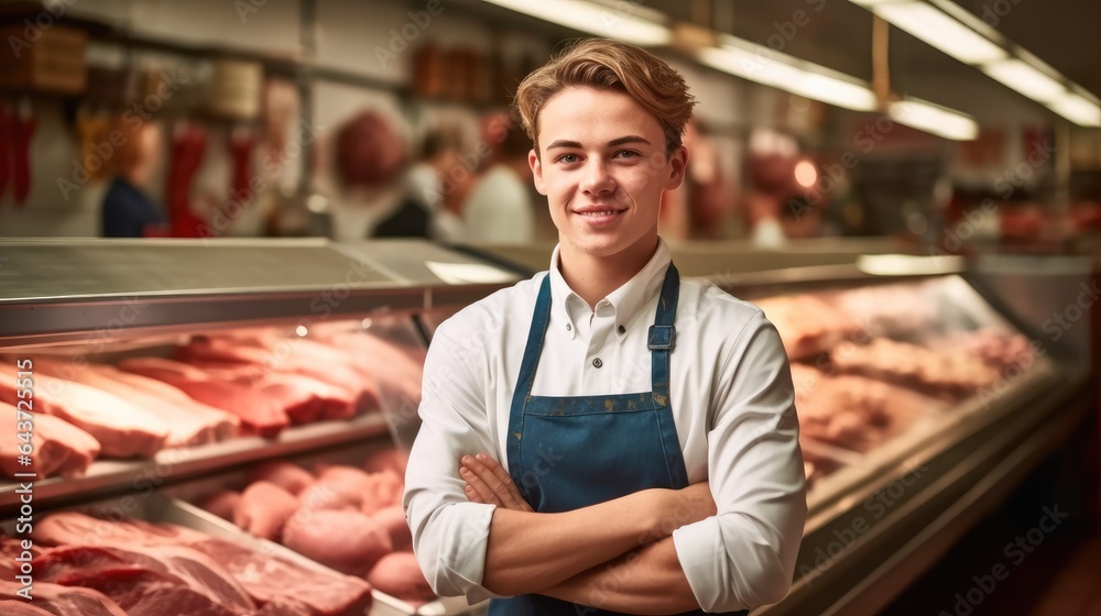 Butcher working in modern meat shop.