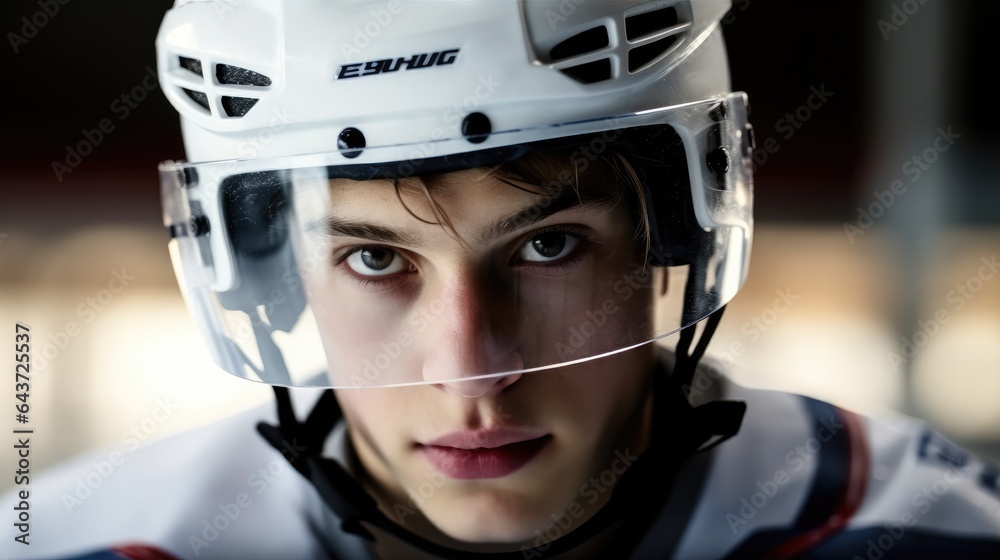 Portrait of young ice hockey player in helmet.