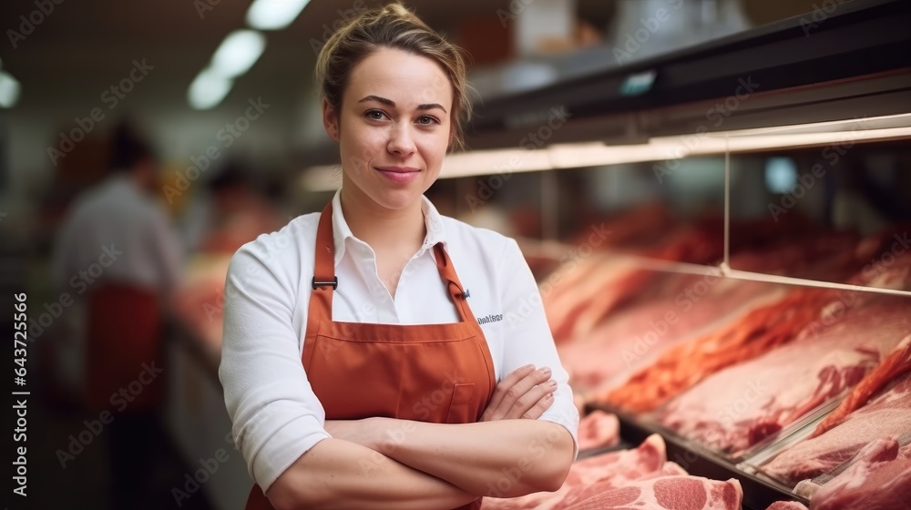 Woman worker standing in front of shelves with raw meat, Butcher working in modern meat shop.