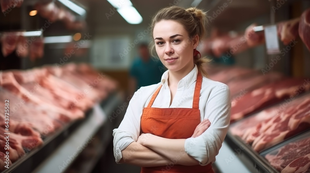 Woman worker standing in front of shelves with raw meat, Butcher working in modern meat shop.