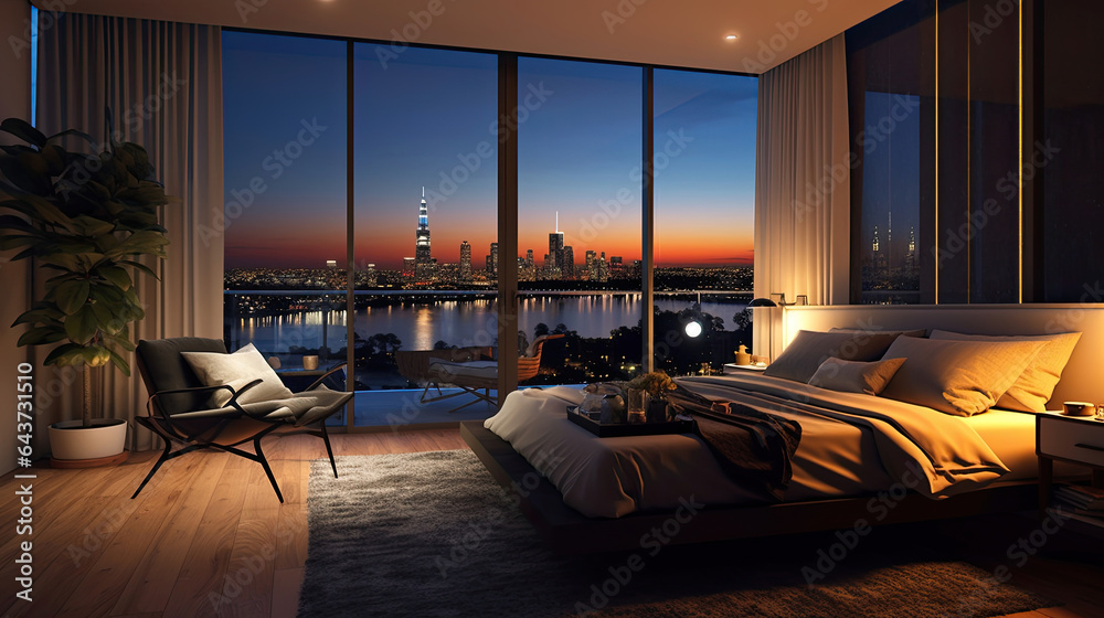 A room with a view of the city from the bed, penthouse bedroom at night. Generative Ai