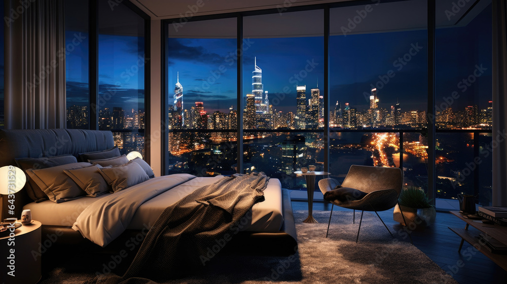 A room with a view of the city from the bed, penthouse bedroom at night. Generative Ai